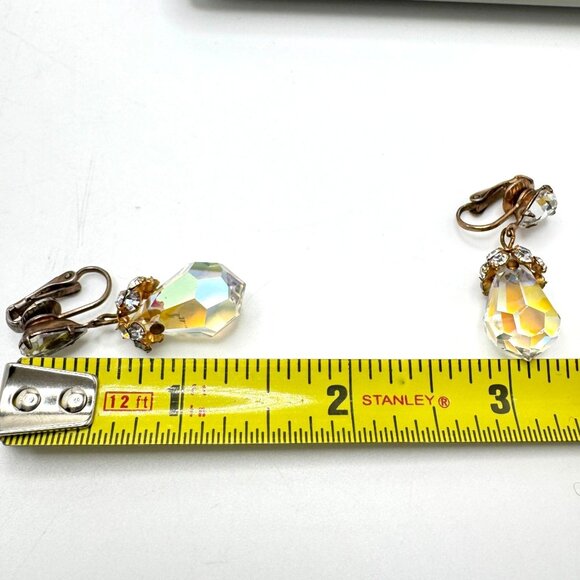 Aurora Borealis Vintage Crystal Clip-On Gold-Tone Drop Earrings Rhinestone - Picture 2 of 6